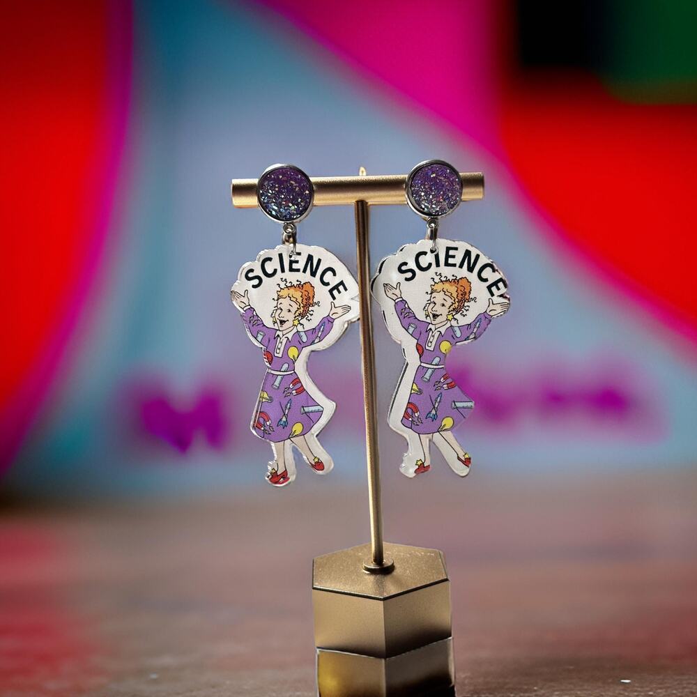Miss Frizzle Back-to-school Magic School Bus Purple Science Dangle Earrings